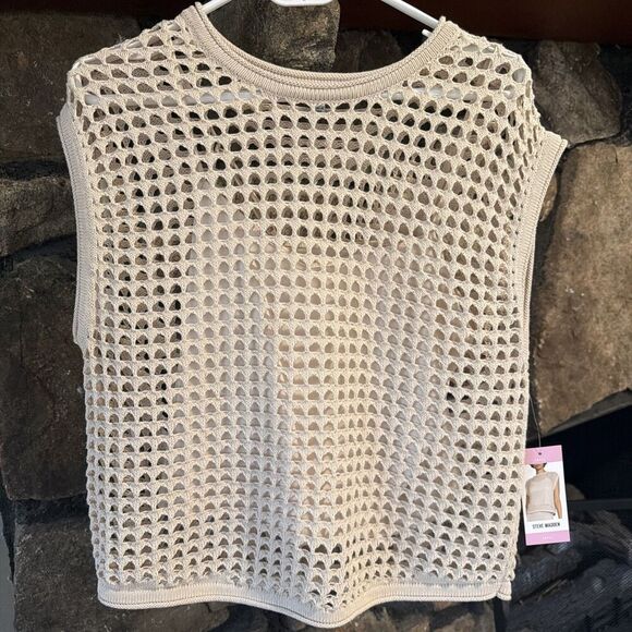 Steve Madden S Crochet Top  Beige Knit Vest Sleeveless Sweater NWT Cotton Blend - Picture 7 of 7